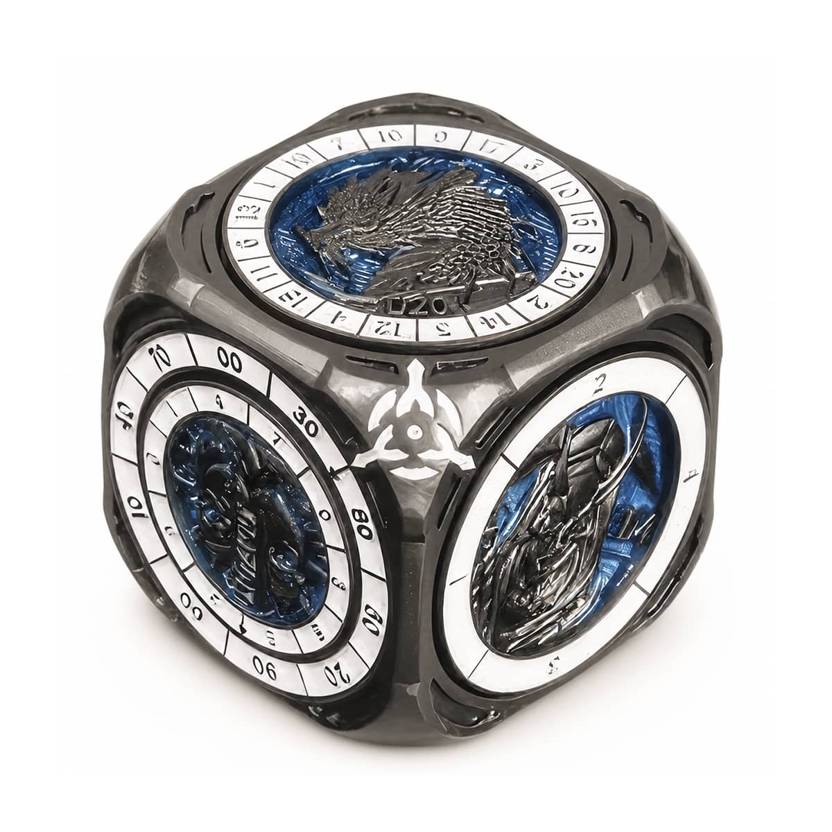 Silver and blue 7-in-1 metal RPG spinner dice without the display base.