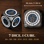 Silver and blue 38 mm metal spinner showing seven RPG dice types in one cube.
