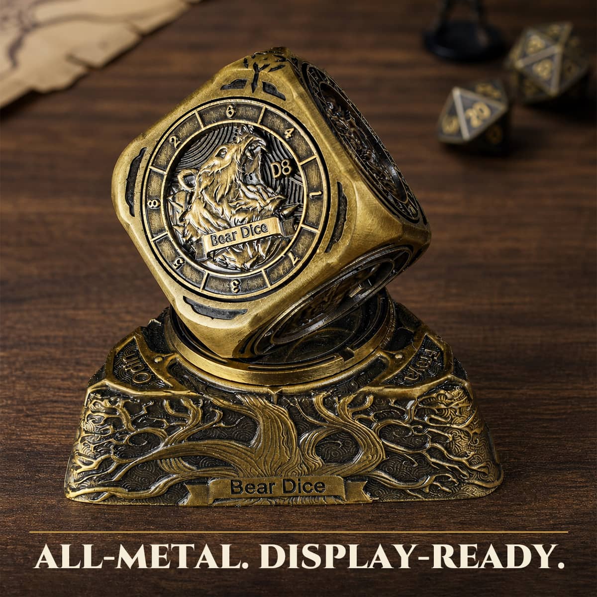Antique gold 7-in-1 metal spinner dice on an earth-themed dragon display base.