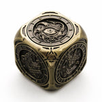 Antique gold 7-in-1 metal RPG spinner dice without the display base.