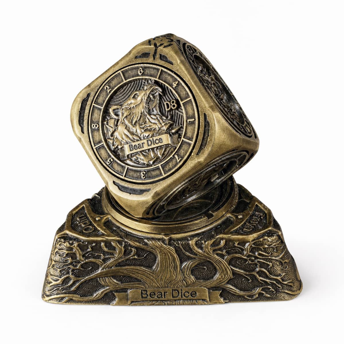 Antique gold 7-in-1 metal RPG spinner dice on an earth-themed dragon base.