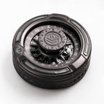 Black metal D20 decision roulette with dual numbered wheels and two steel balls on white.