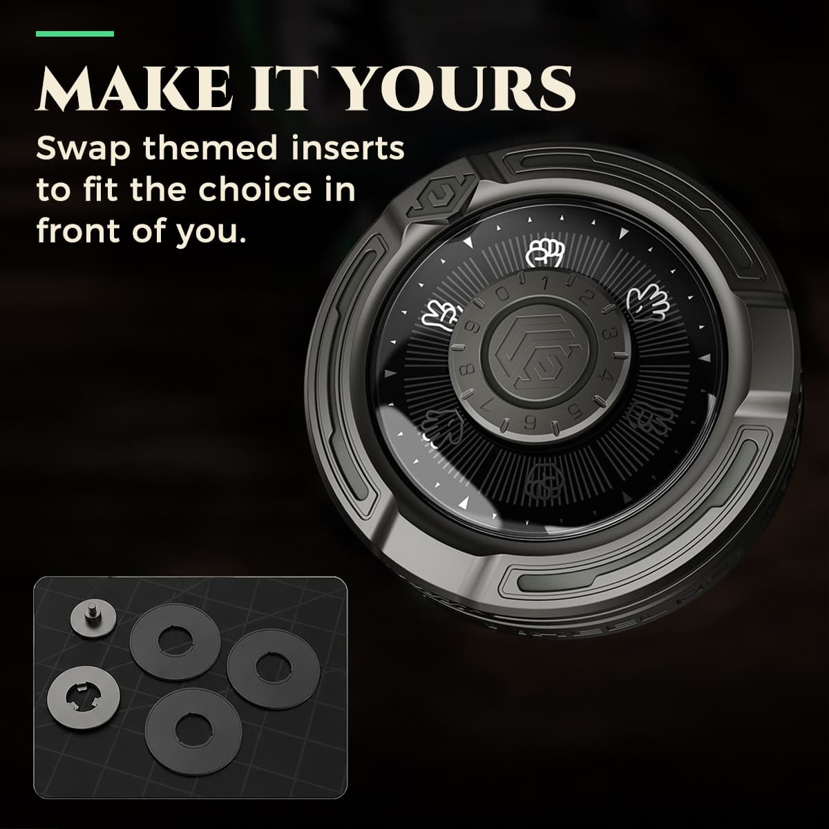 Black D20 decision roulette with interchangeable themed decision inserts beside it.