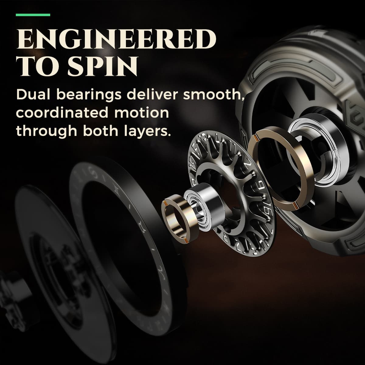 Exploded view of the D20 decision roulette dual-bearing mechanism and rotating layers.