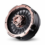 Black and rose gold D20 metal roulette spinner with numbered wheel on a white background.