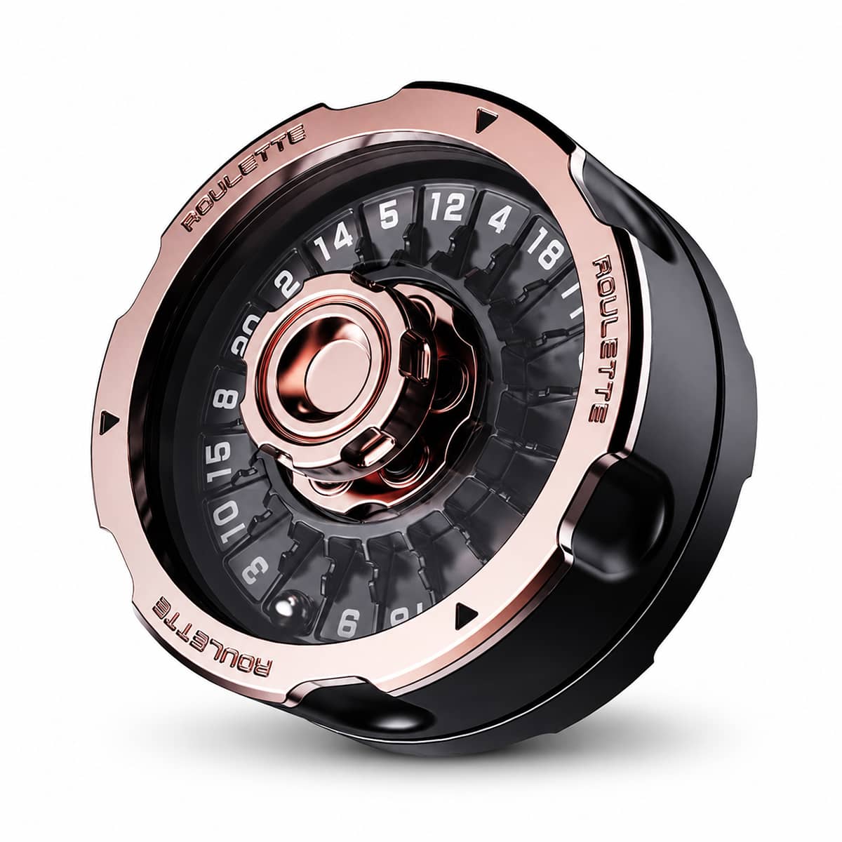 Black and rose gold D20 metal roulette spinner with numbered wheel on a white background.