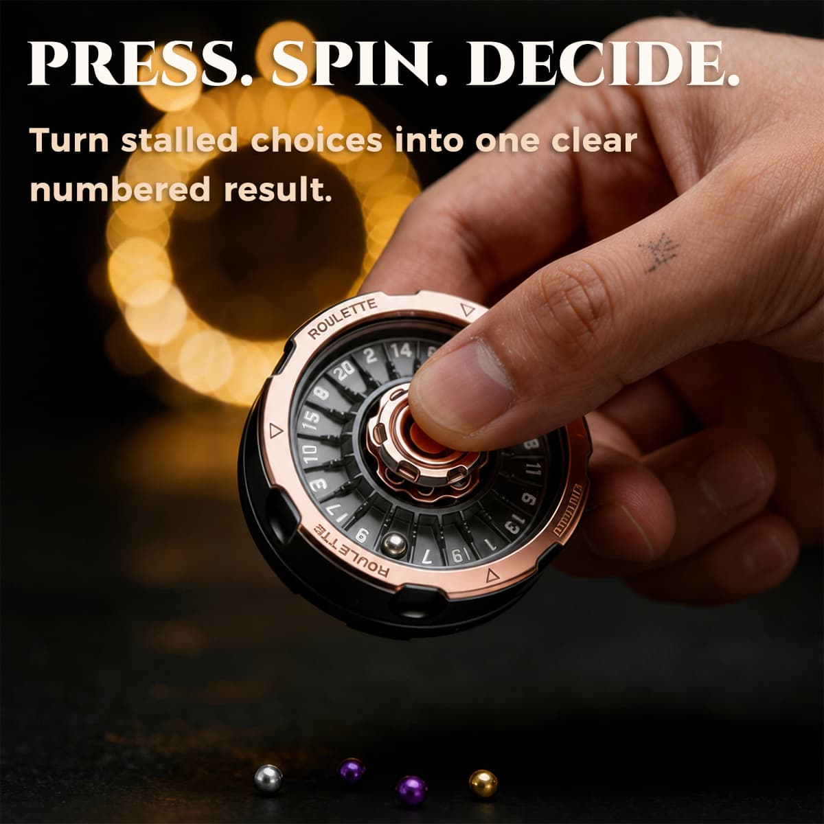 Rose gold and black metal D20 decision spinner pressed by hand to generate a numbered result.