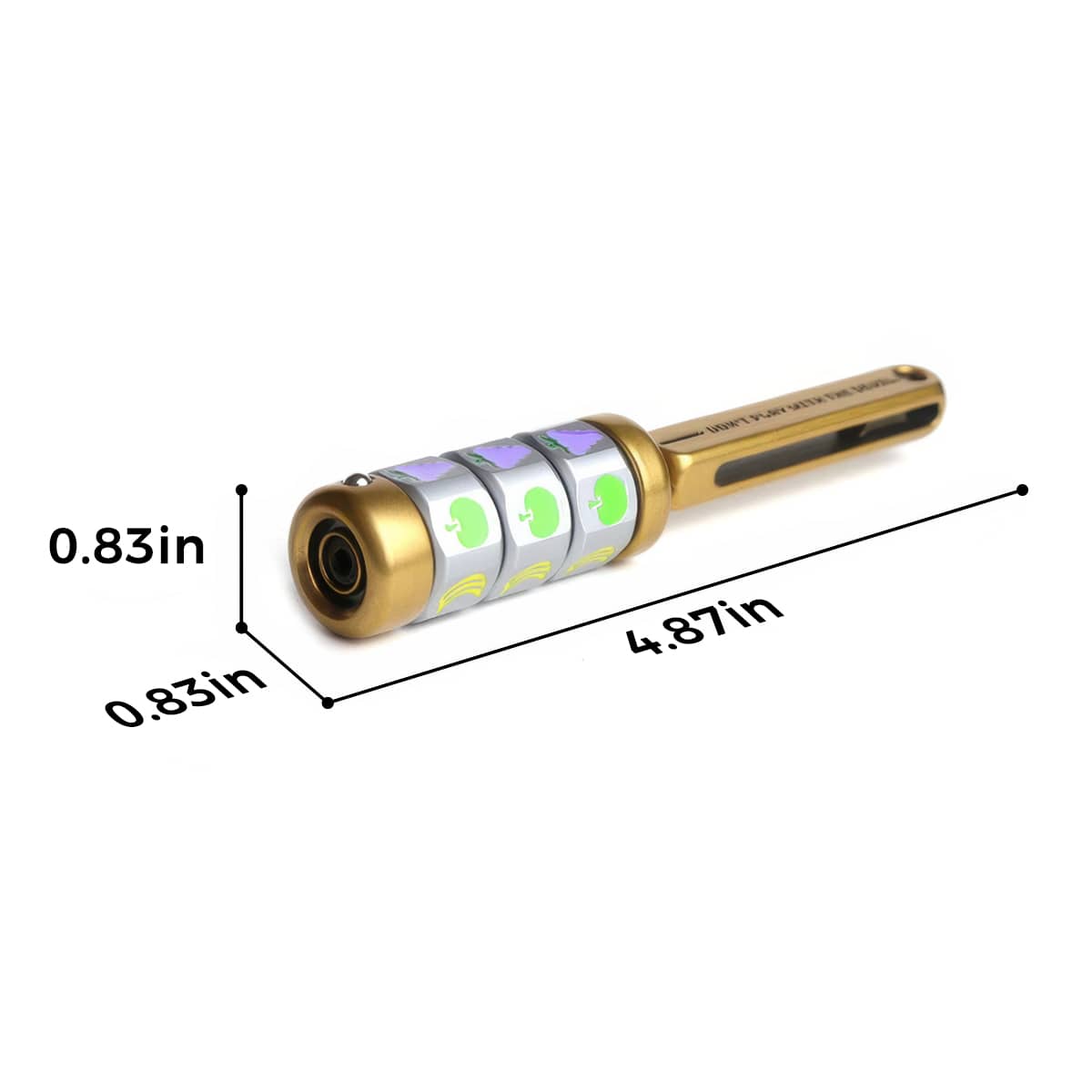 Gold magnetic fruit reel spinner with dimensions of 4.87 by 0.83 inches.
