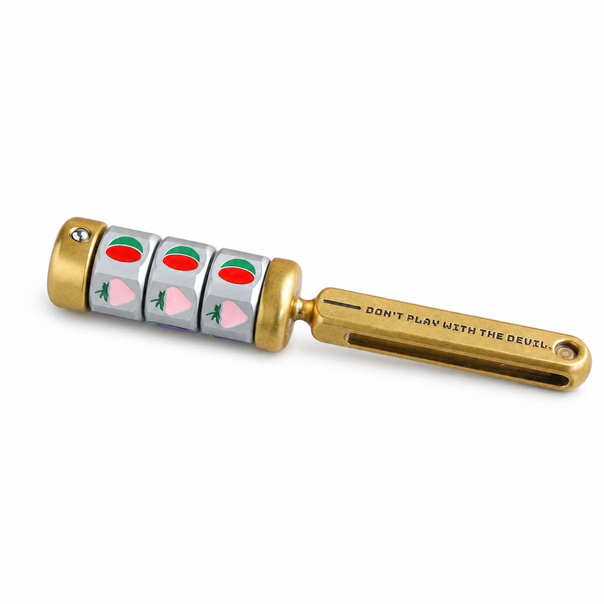 Gold magnetic fruit reel spinner with three match-three fruit wheels and a pocket clip on white.