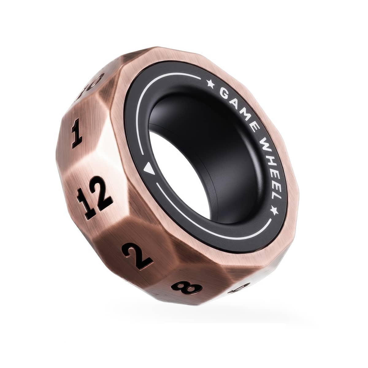 Antique bronze D12 magnetic decision ring with black bearing center on white.