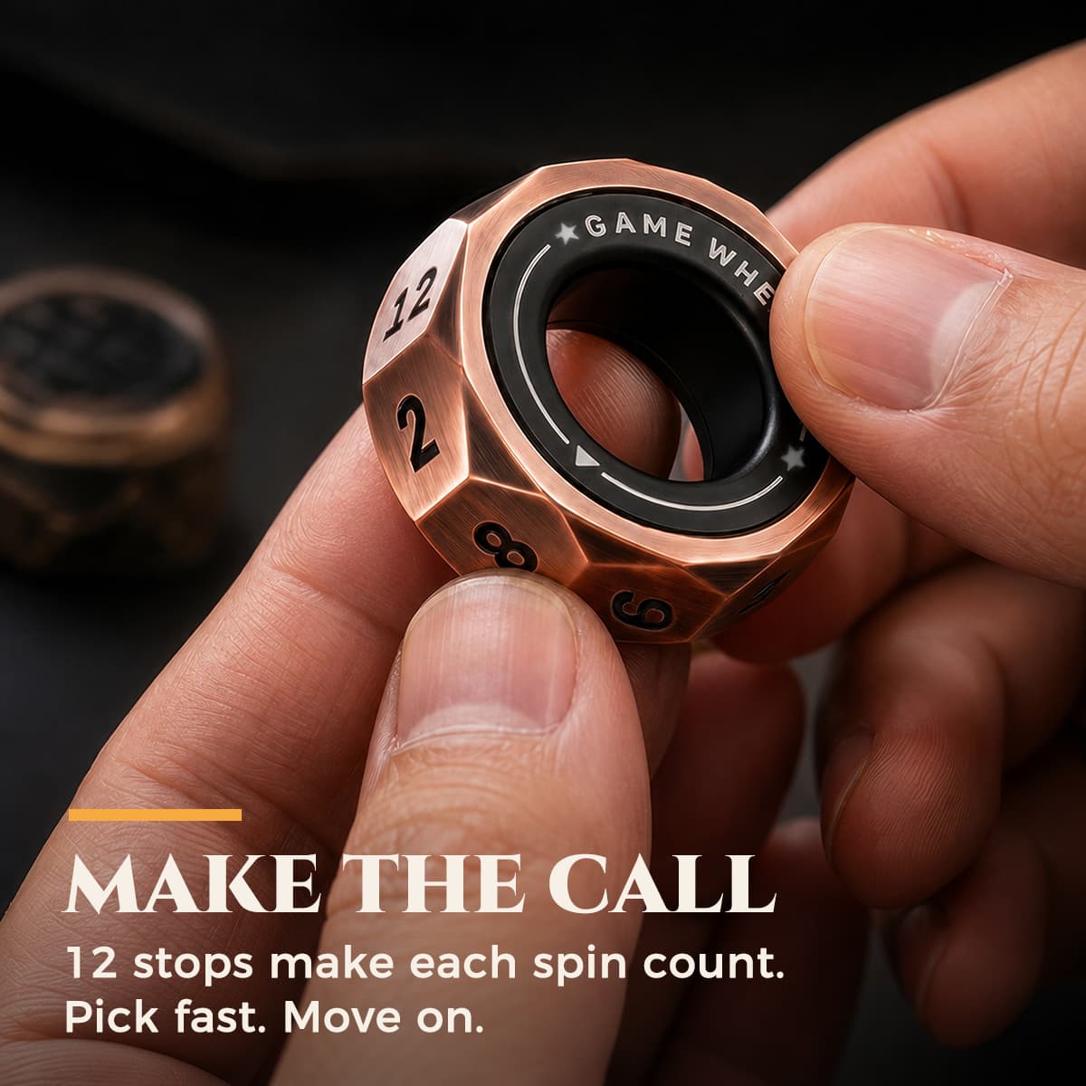 Hand spinning the antique bronze D12 decision ring with 12 numbered magnetic stops.