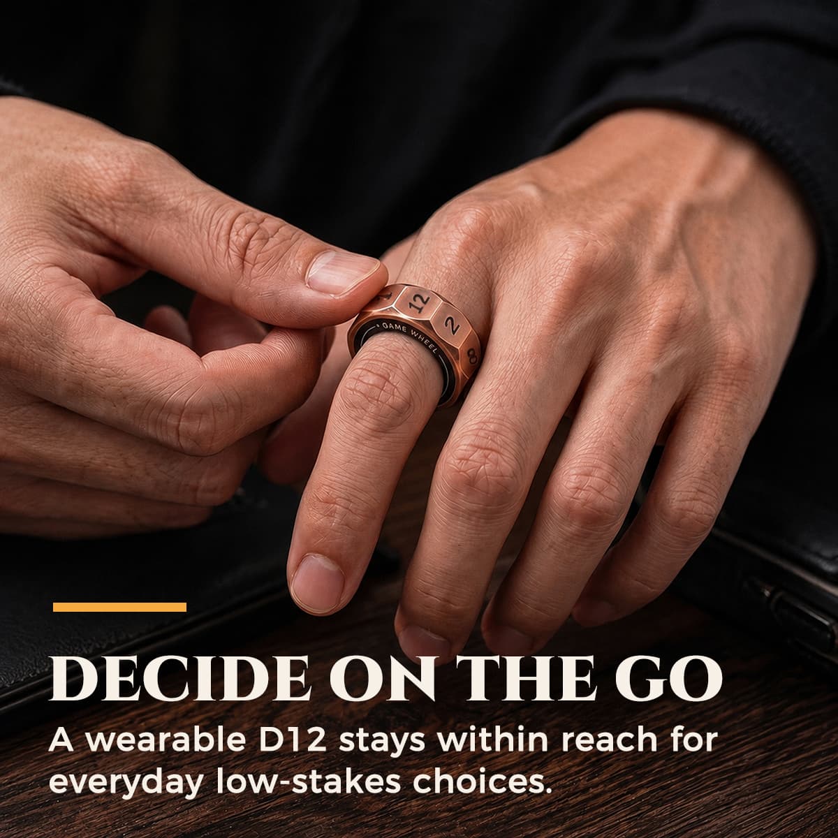 Person wearing and spinning the D12 magnetic decision ring for choices on the go.