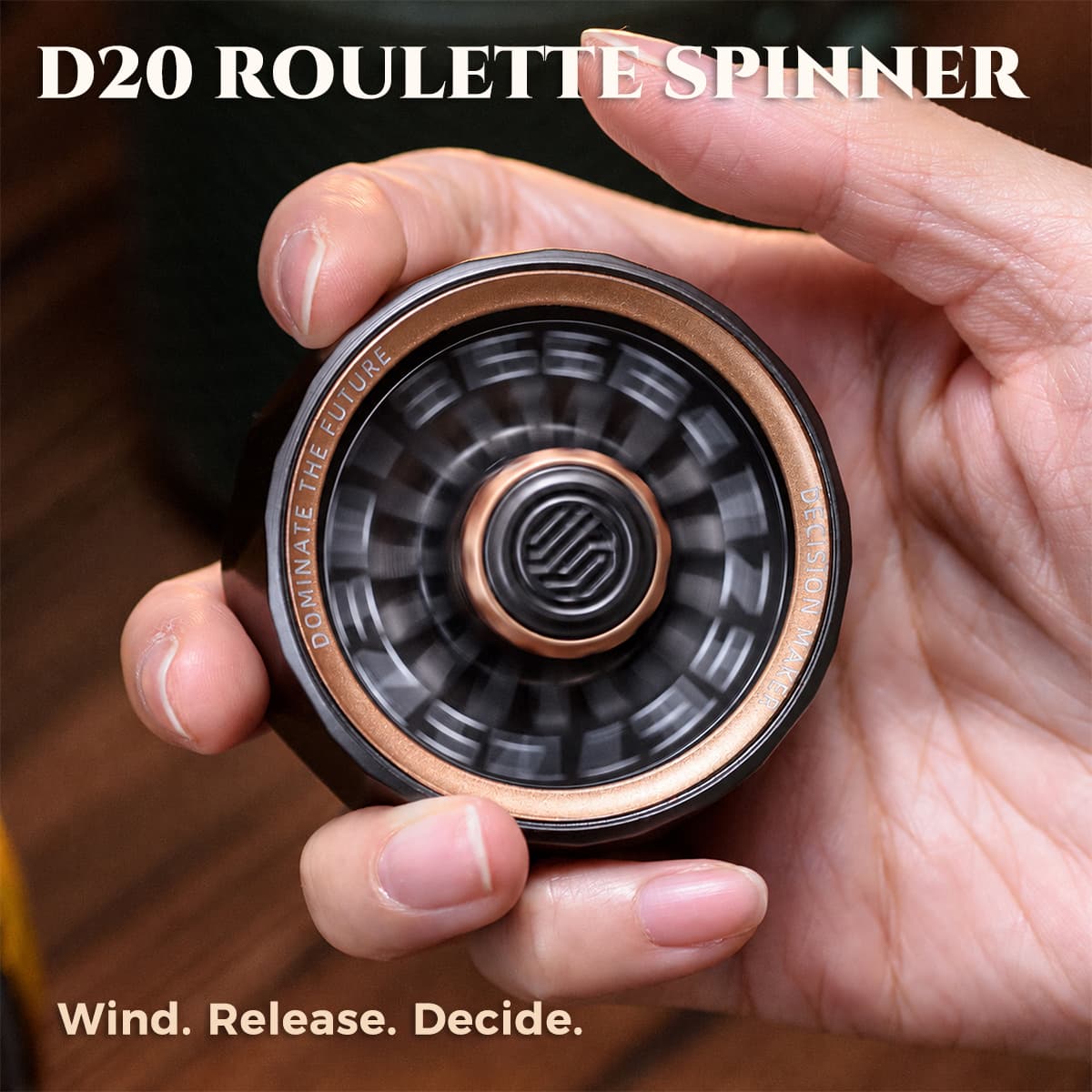 Hand holding a bronze D20 roulette spinner as the numbered wheel spins.