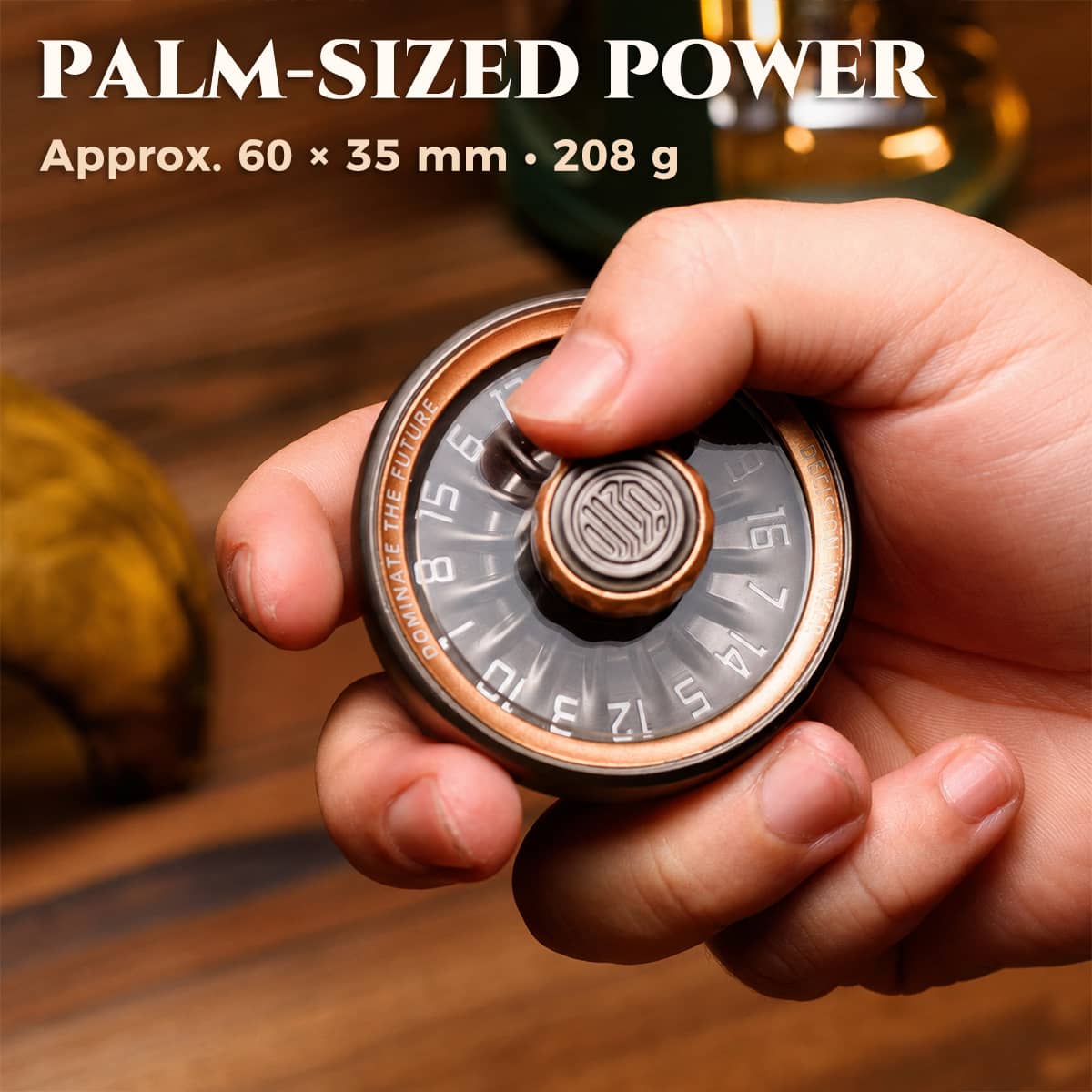Hand winding a compact bronze D20 roulette spinner measuring about 60 x 35 mm and 208 g.