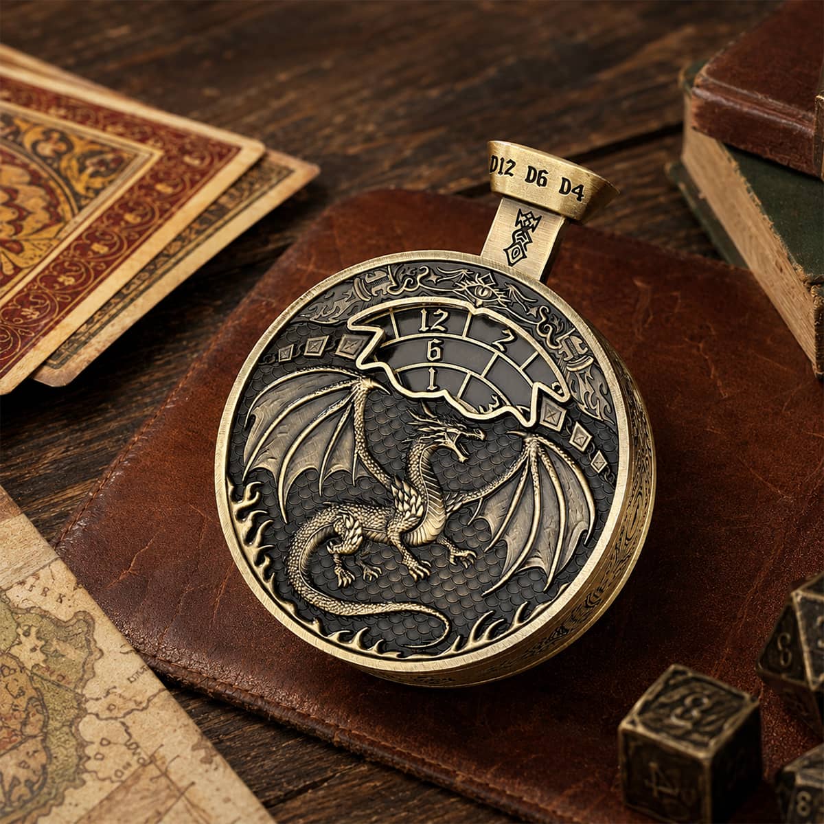 Antique bronze pocket press dice with dragon relief displayed beside cards and a map.