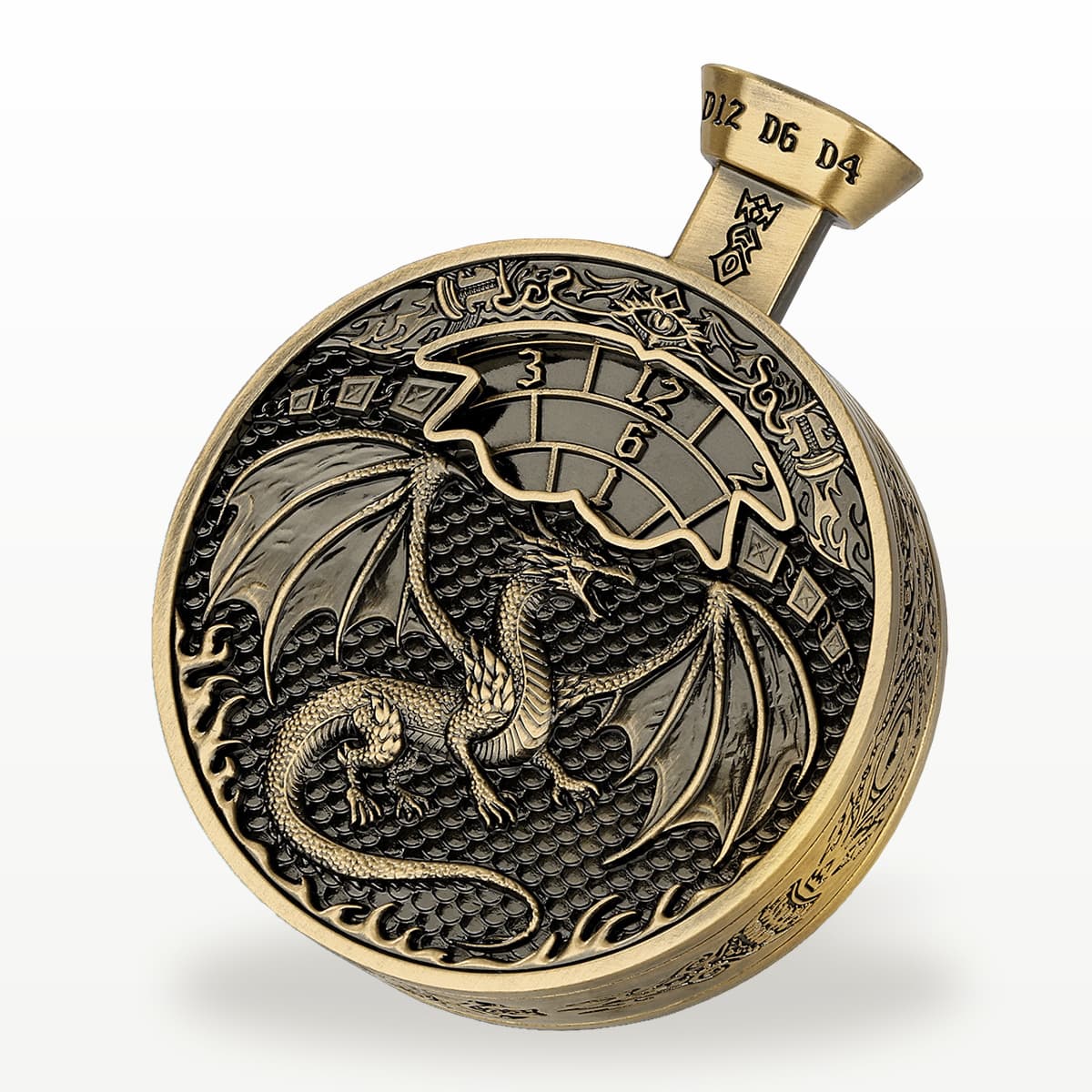 Antique bronze pocket press dice with dragon relief and D4, D6 and D12 selector on white.
