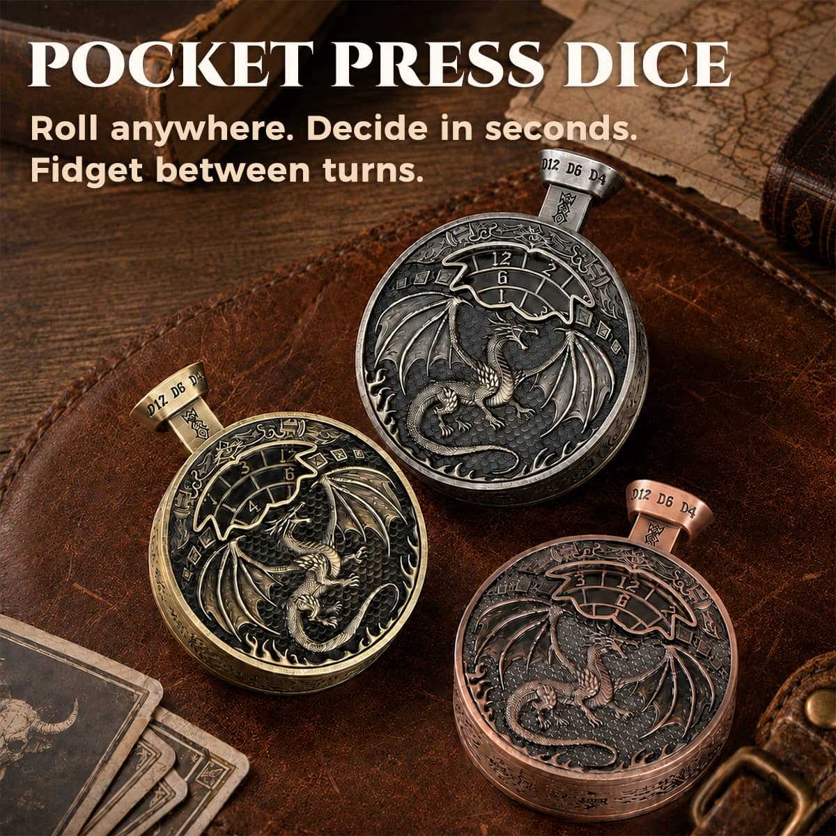 Antique bronze, silver and copper pocket press dice arranged on a leather tabletop.