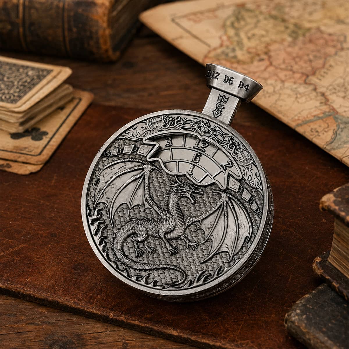 Silver pocket press dice with raised dragon relief displayed on a fantasy tabletop.