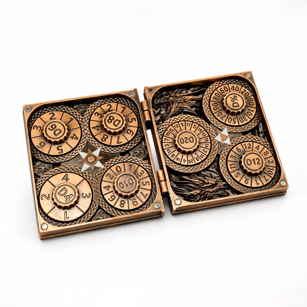 Open antique bronze 7-in-1 dice codex with seven numbered RPG spinner dials and dragon relief.