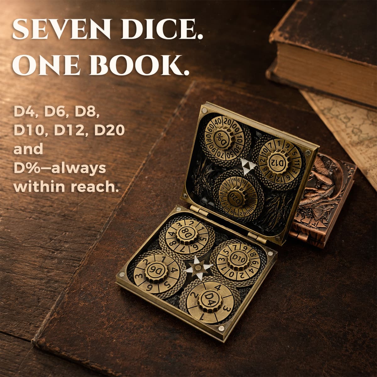 Open antique bronze dice codex showing D4, D6, D8, D10, D12, D20 and percentile dials.