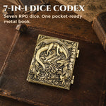 Closed antique bronze 7-in-1 dice codex with sculpted dragon cover.