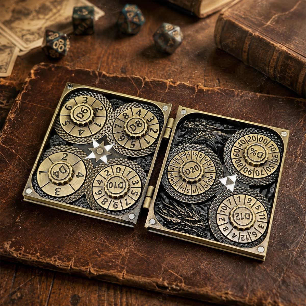 Open antique bronze 7-in-1 dice codex with seven numbered RPG spinner dials.