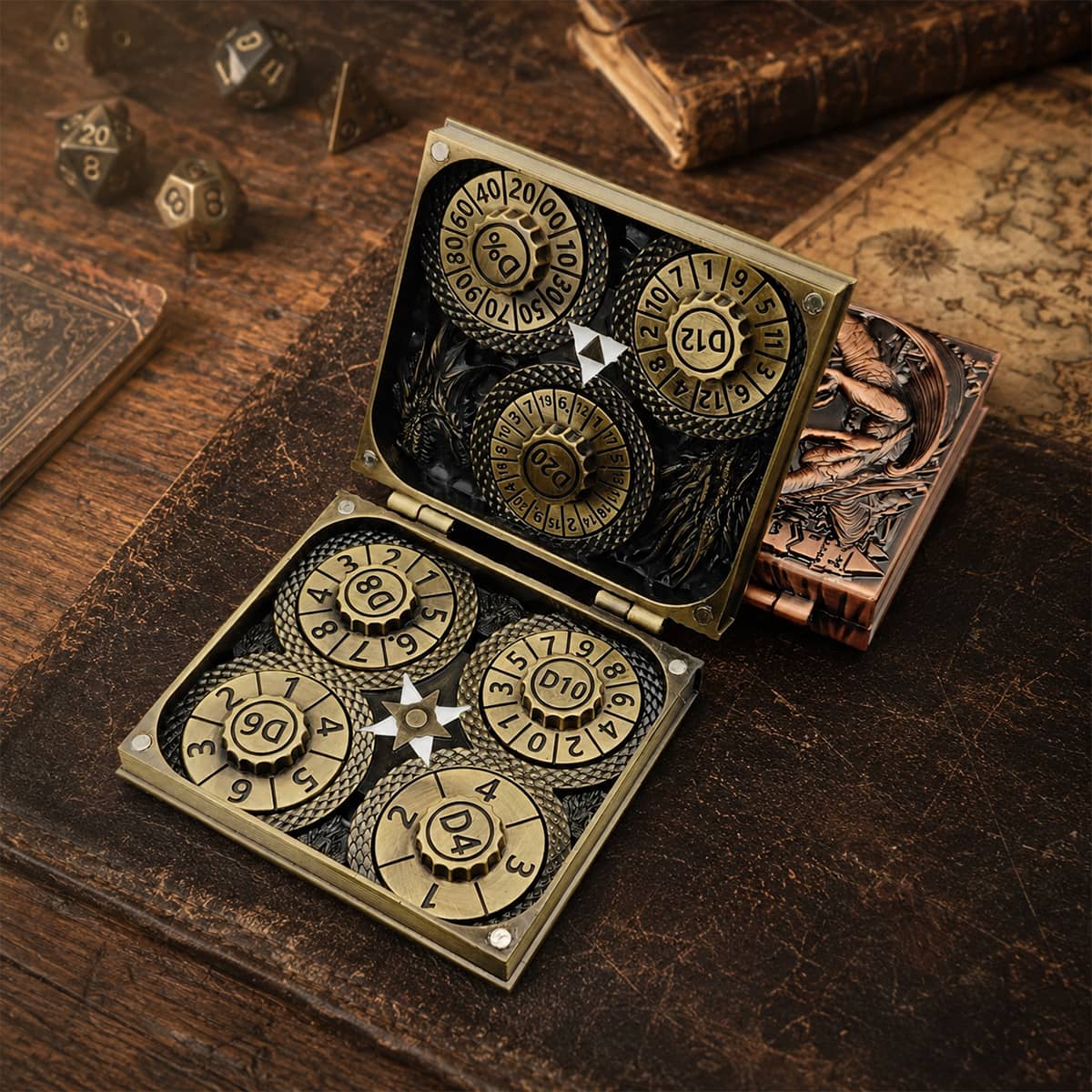Open antique bronze dice codex angled on a tabletop with all seven RPG dials visible.