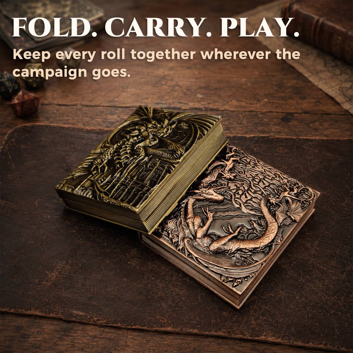 Closed antique bronze and copper dice codex books with sculpted dragon covers.