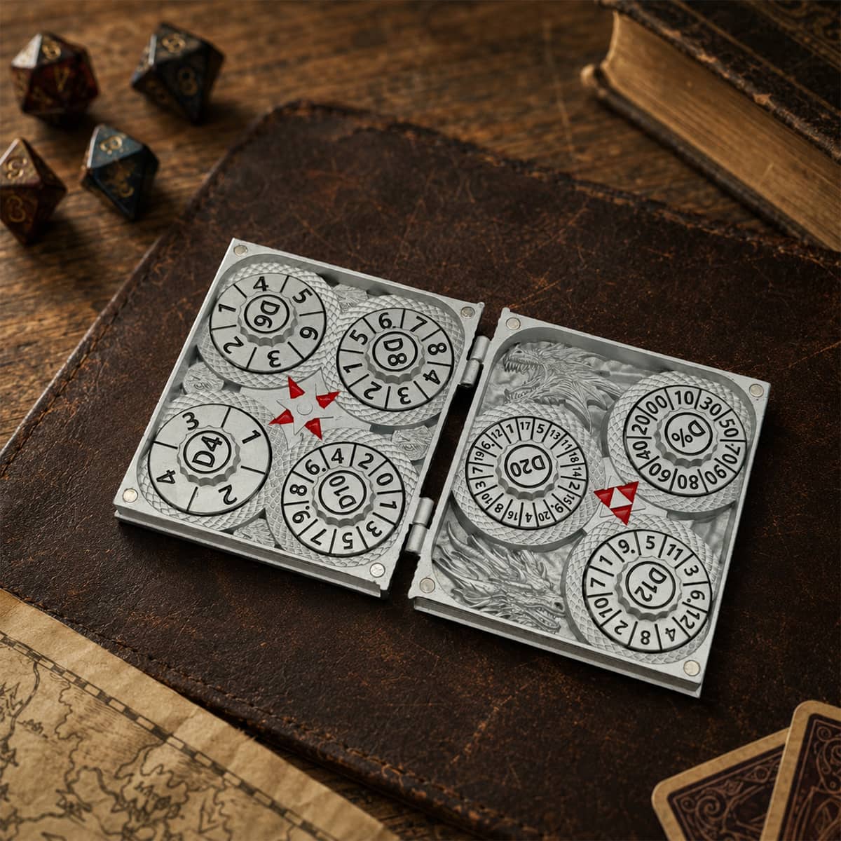 Open silver 7-in-1 dice codex with seven numbered RPG spinner dials and red pointers.