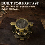 Antique gold reloadable dice cylinder showing its sculpted dragon top and rotating case.