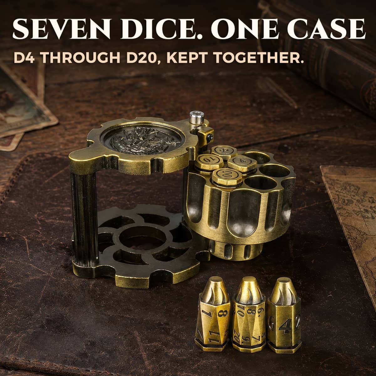 Open antique gold metal dice cylinder with seven bullet-shaped RPG dice arranged in front.