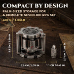 Reloadable metal dice set dimensions showing a 7 cm case, 2.7 cm dice and 480 g weight.
