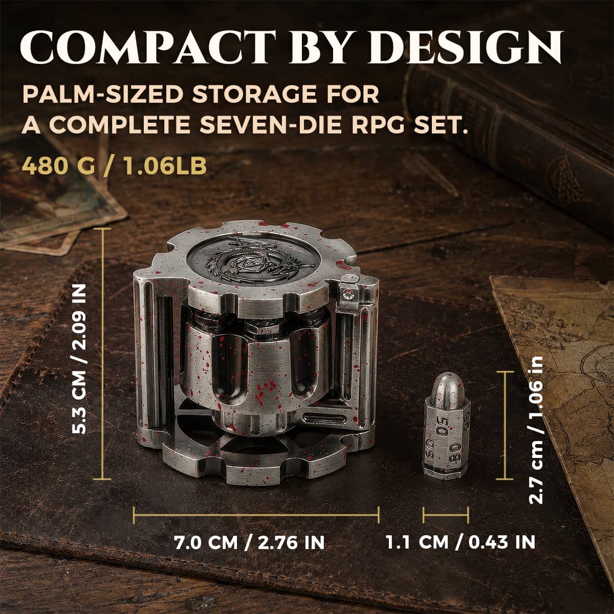 Reloadable metal dice set dimensions showing a 7 cm case, 2.7 cm dice and 480 g weight.