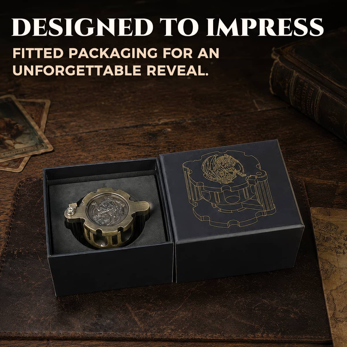 Antique gold reloadable metal dice set fitted inside a black presentation gift box.
