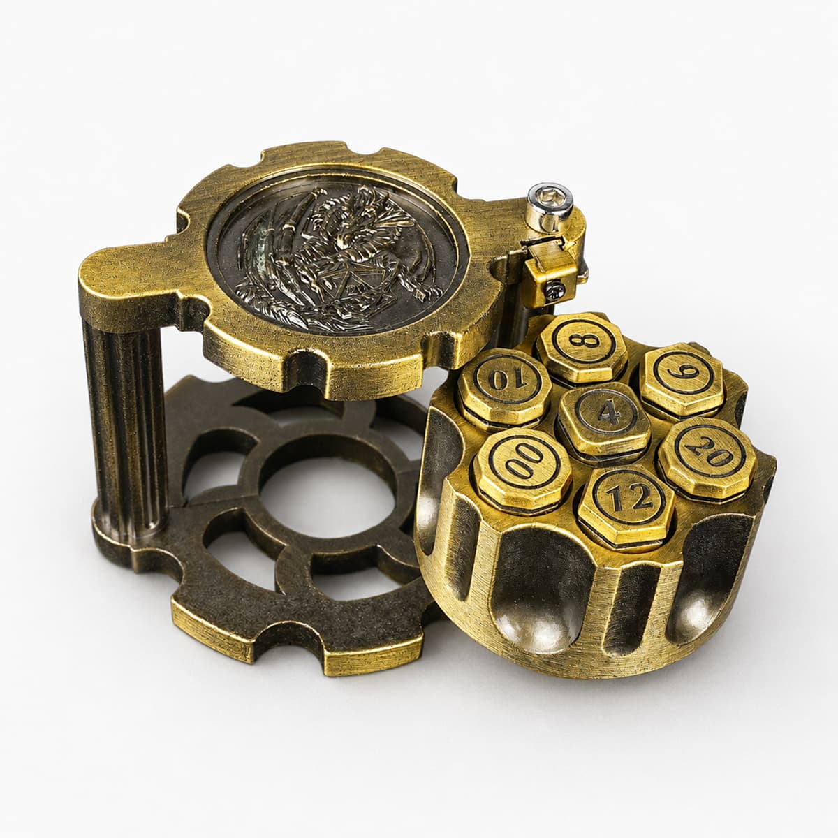 Open antique gold reloadable metal dice cylinder with seven removable polyhedral bullet dice.