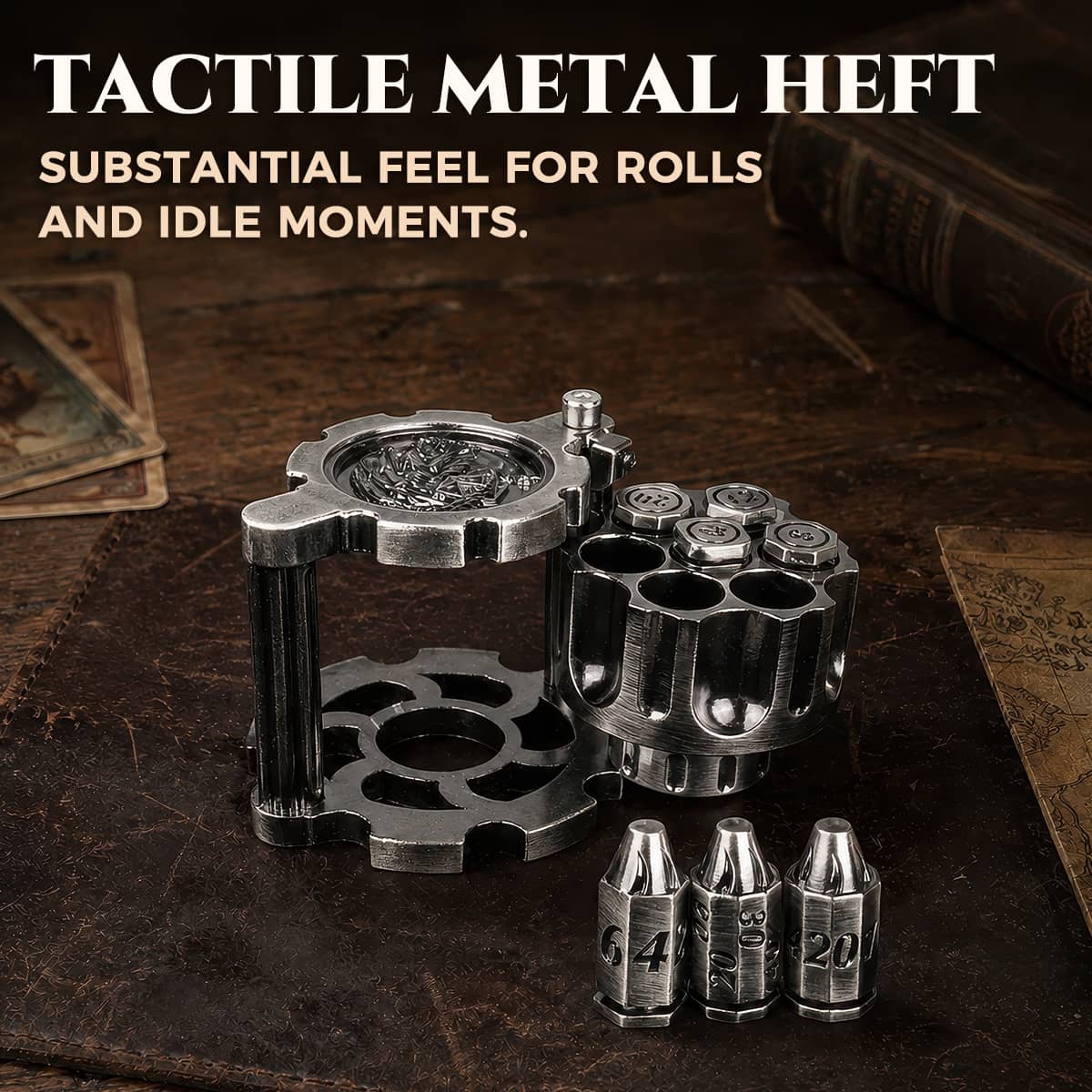 Open antique silver metal dice cylinder with seven bullet-shaped RPG dice on a tabletop.