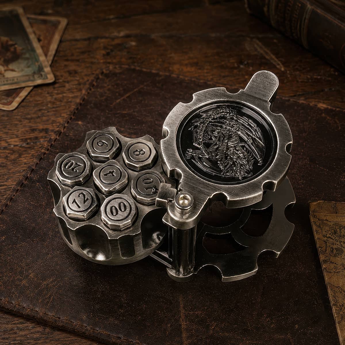 Open antique silver reloadable dice cylinder with seven numbered metal dice seated inside.