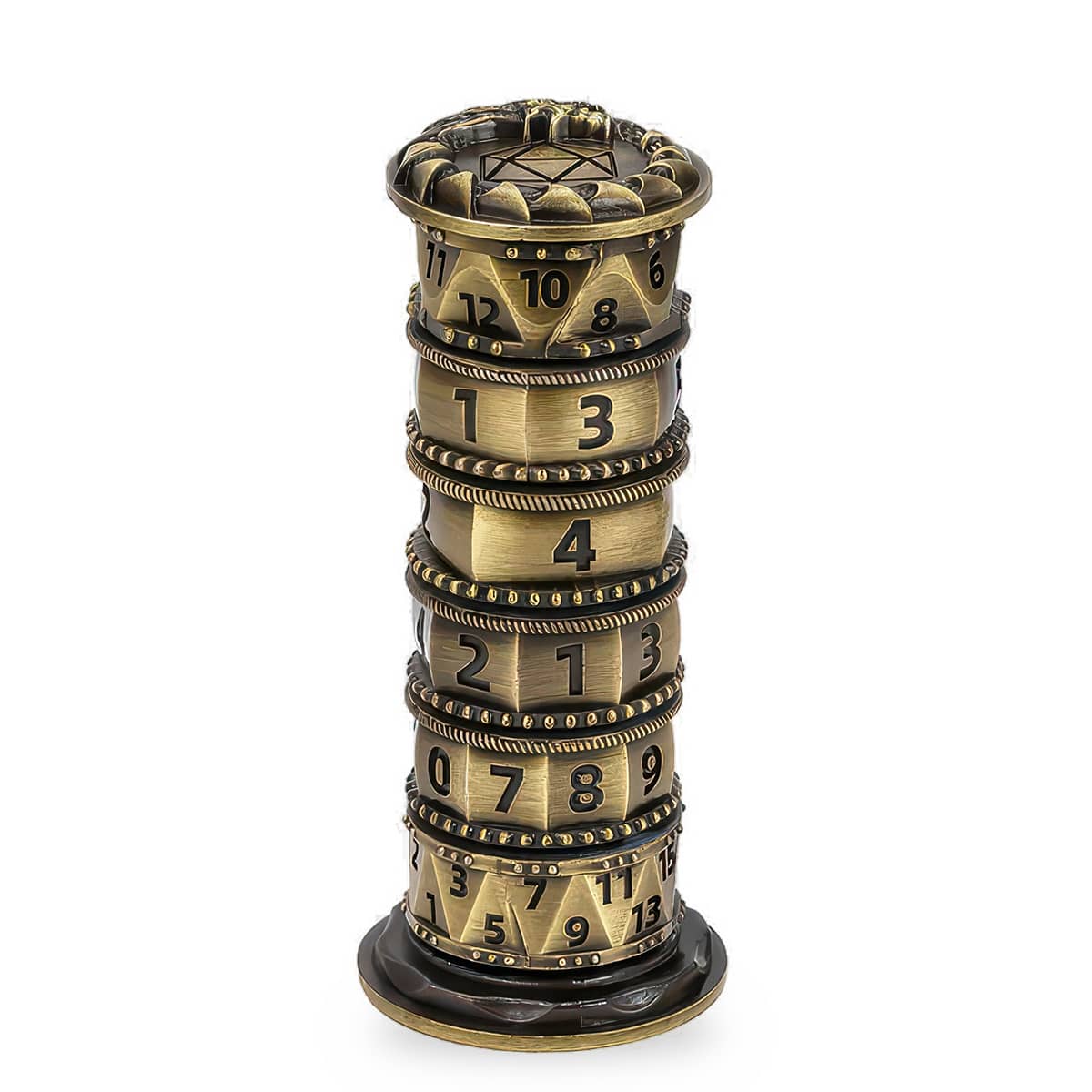 Antique bronze 7-in-1 metal spinner dice tower standing upright on a white background.