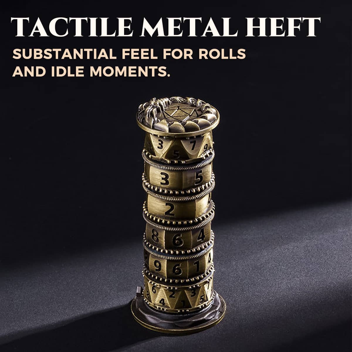 Antique bronze 7-in-1 spinner dice standing upright on a dark tabletop.