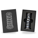 Black and blue 7-in-1 spinner dice presented in a fitted black gift box.