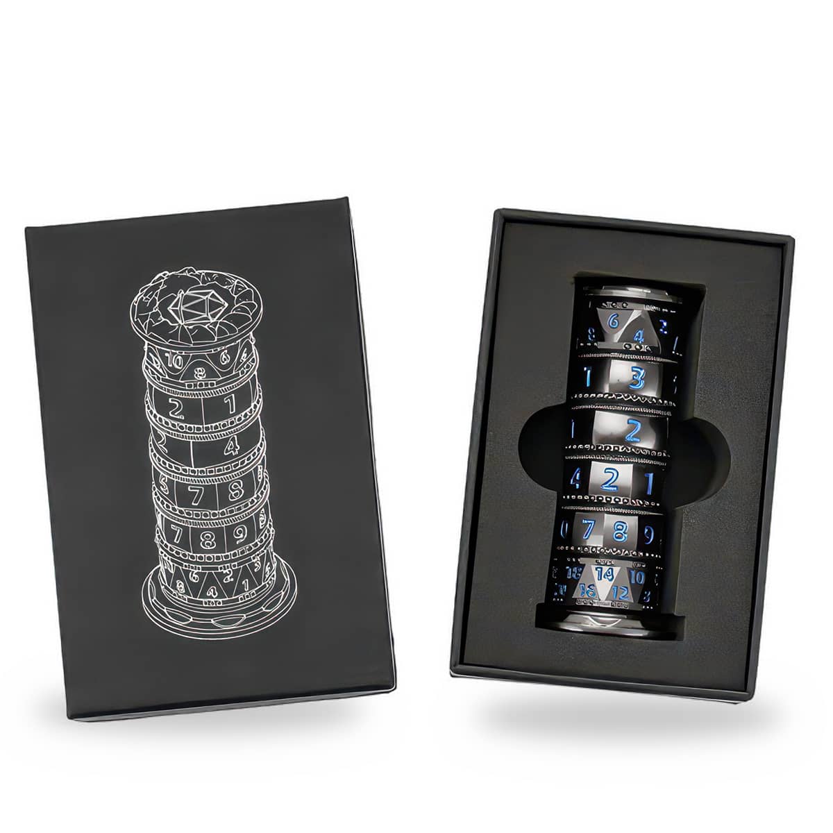 Black and blue 7-in-1 spinner dice presented in a fitted black gift box.