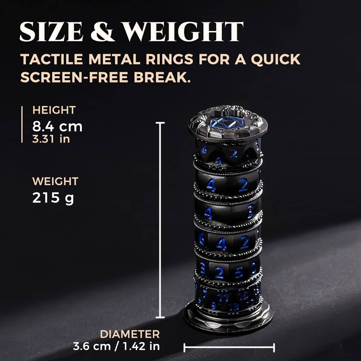 Black and blue spinner dice dimensions showing 8.4 cm height, 3.6 cm diameter and 215 g weight.
