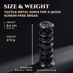 Black and blue spinner dice dimensions showing 8.4 cm height, 3.6 cm diameter and 215 g weight.