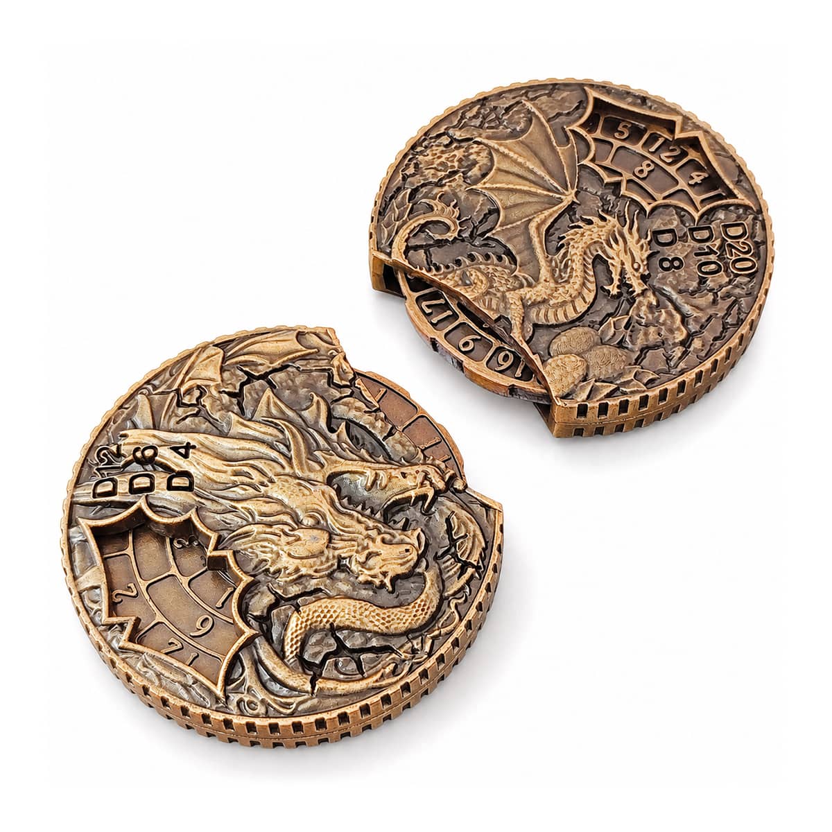 Two antique bronze 6-in-1 dragon dice spinners with raised dragon relief and numbered dials.
