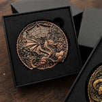 Copper 6-in-1 dragon dice spinner presented in a fitted black gift box.