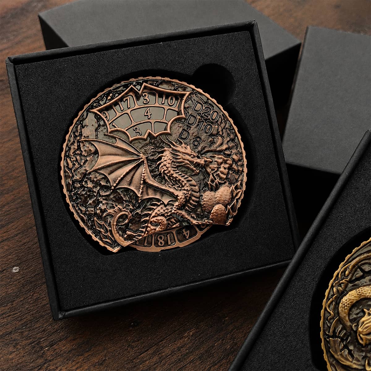 Copper 6-in-1 dragon dice spinner presented in a fitted black gift box.