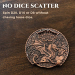 Front of a copper dragon dice spinner showing contained D20, D10 and D8 number dials.