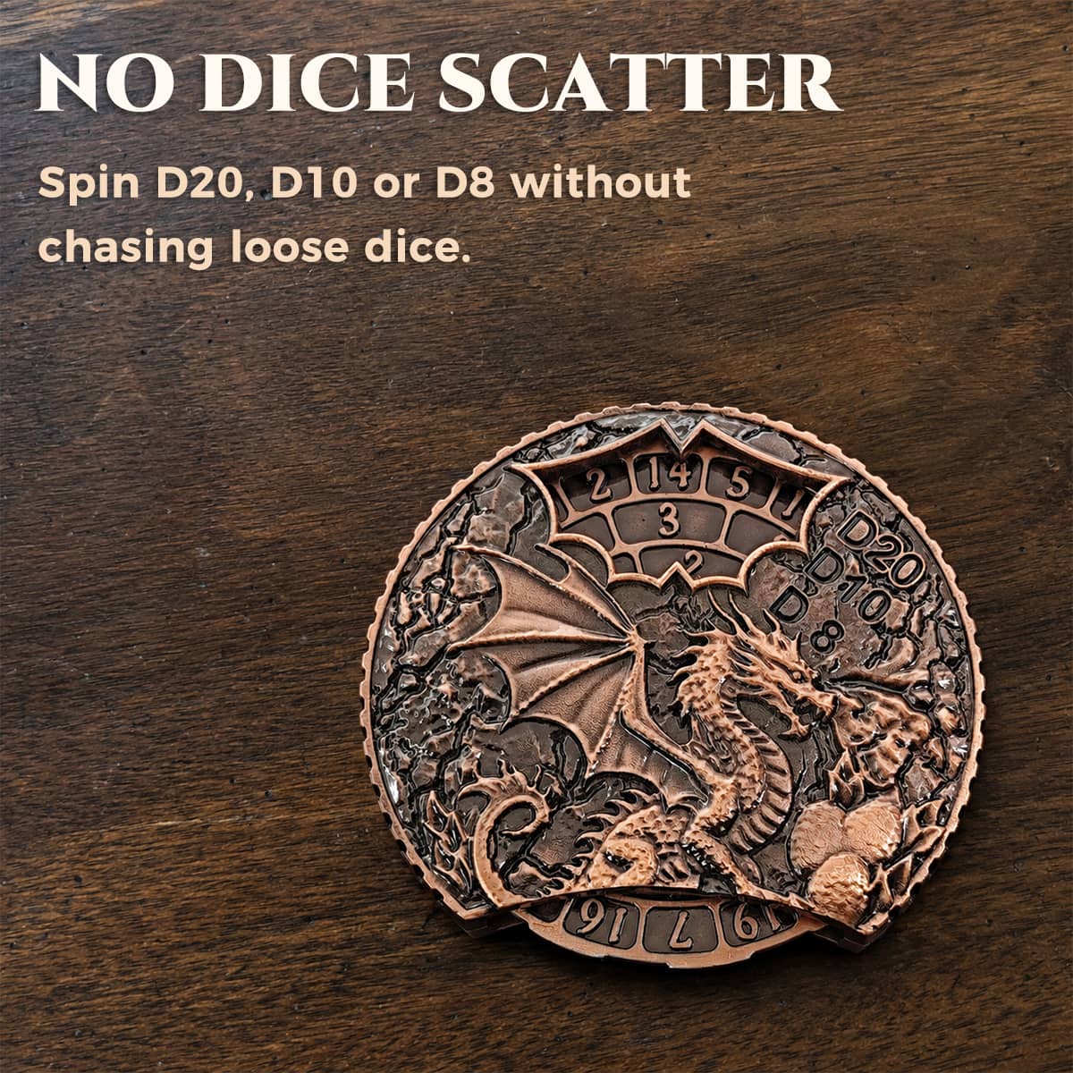 Front of a copper dragon dice spinner showing contained D20, D10 and D8 number dials.