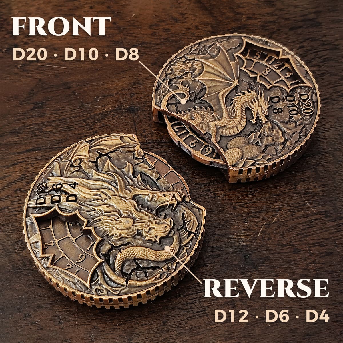 Front and reverse views of dragon dice spinners labeled for D20, D10, D8, D12, D6 and D4.