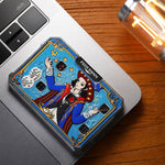 Blue magician mechanical dice card resting beside a laptop keyboard.